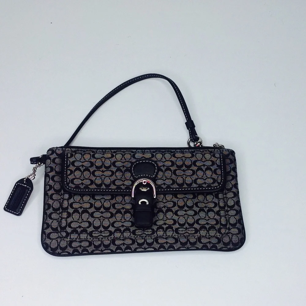 Coach Black Wristlet Canvas Leather Trim Signature